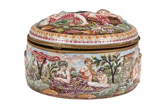 Large Capodimonte Circular Porcelain Covered Box with relief figural and putti decoration, H.- 8 in., Dia.- 12 in.