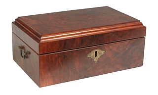 Contemporary Burled Walnut Document Box, 20th c., with folding brass side handles, the underside with a foil label, "Exhibiting Member, the Craftsmen'