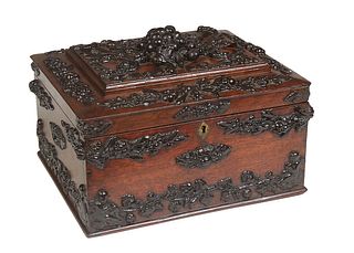 Unusual Highly Carved Mahogany Document Box, 19th c., the stepped lid with high relief grape and floral carving, over bands of grape carving on all fo