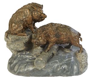 Chinese School, "Two Bronze Boars," 20th c., on a carved soapstone base, H.- 11 in., W.- 13 in., D.- 8 in.