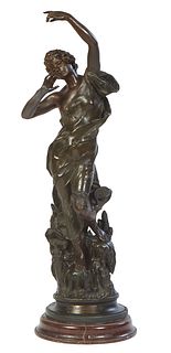 After Julien Causee (1869-1909), "La Fleur des Glaciers," c. 1900, patinated spelter figure, on an integral stepped base to a circular red marble plin