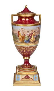 Royal Vienna Style Porcelain Covered Baluster Handled Urn, late 19th c., of tapering baluster form with a central hand painted continuous band of clas
