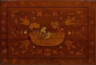 Dutch Marquetry and Ivory Inlaid Carved Walnut Panel, 19th c., with floral decoration around a central ivory figure of a mother and infant, H.- 21 3/8