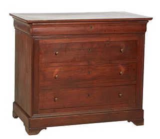 French Provincial Louis Philippe Carved Walnut Commode, 19th c., the rounded corner top over a cavetto frieze drawer and three setback deep drawers, f