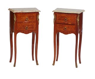 Pair of Louis XV Style Ormolu Mounted Marquetry Inlaid Cherry Marble Top Nightstands, 20th c., the stepped edge serpentine highly figured tan marble o