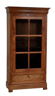 French Louis Philippe Carved Cherry Vitrine, 19th c., the stepped ogee crown over a large six pane mullioned glazed door, above a large lower drawer, 