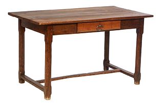 French Provincial Carved Oak Kitchen Table, 19th c., the four board top over a wide skirt with a frieze drawer, on chamfered hexagonal legs joined by 