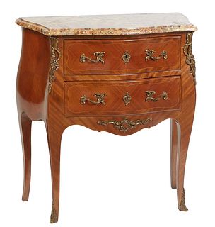 French Louis XV Style Ormolu Mounted Carved Cherry Bombe Marble Top Commode, late 19th c., the stepped bowfront tan Breche d'Alpes marble over two bow