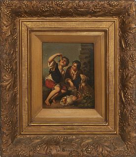 After Bartolome Esteban Murillo (Spain, 1617-1682), "Boys Eating Grapes and Mellon," early 20th c., oil on tin, signed "J. Rickardo" on bottom, with a
