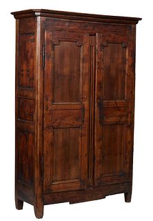 French Provincial Carved Oak Louis XV Style Armoire, 19th c., the canted stepped ogee edge crown over double two panel doors with iron fiche hinges an