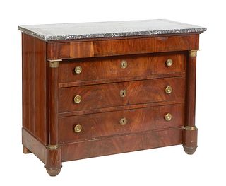 French Empire Ormolu Mounted Carved Walnut Marble Top Commode, mid 19th c., the highly figured gray marble over a long frieze drawer, flanked by ormol