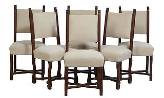 Set of Six Henri II Carved Oak Dining Chairs, c. 1880, the cushioned back over a cushioned seat, on reeded cabriole legs joined by a shaped X-form str