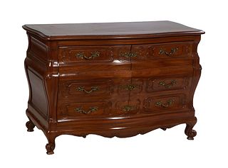 Unusual French Louis XV Style Carved Walnut Bombe Sideboard, 19th c. , the stepped ogee edge serpentine top over double faux drawer bombe cupboard doo