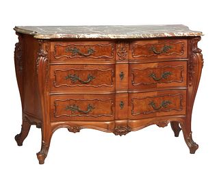 French Louis XV Style Carved Cherry Marble Top Bombe Commode, late 19th c., the ogee edge cookie corner thick white and gray marble over a setback ban