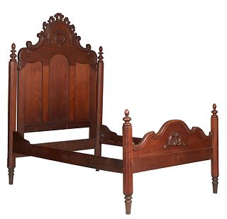 American Victorian Carved Walnut High Back Bed, late 19thc., the headboard with an arched pierced crest flanked by scrolls, over three arched panels, 