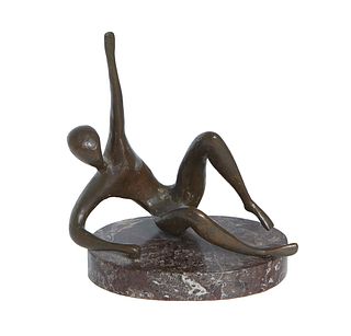In the Manner of Henry Moore (1898-1986), "Reclining Figure," patinated bronze on a figured black marble base, monogrammed on reverse, Figure- H.- 9 1