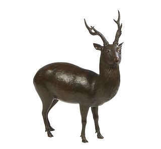 Patinated Bronze Nine Point Male Deer, 20th c., possibly Chinese, H.- 19 3/4 in., W.- 16 1/2 in., D.- 7 1/2 in.