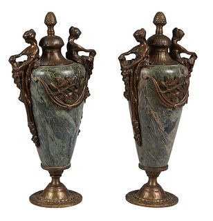Pair of Bronze Mounted Marble Garniture Urns, 20th c., of tapering form with an artichoke handled lid over figural female handles and patinated bronze