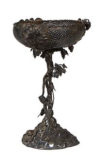Silverplated Spelter Fruit Bowl, c. 1880, the circular open work bowl with relief strawberries and leaves, on a grapevine support to a relief decorate