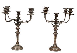 Pair of English Silverplate on Copper Georgian Style Five Light Candelabra, 19th c., with gadrooned candle cups and bobeches on scrolled relief decora