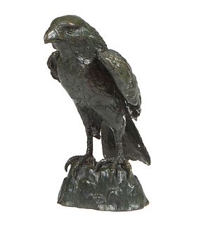Patinated Bronze Figure, "Perched Hawk," 20th c., unsigned, H.- 13 in., W.- 5 3/4 in., D.- 11 in.