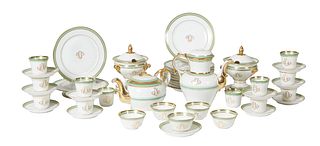 Forty-Four Piece Old Paris Porcelain Dessert Set, 19th c., with gilt and green banded decoration, consisting of a coffee pot, teapot, 2 covered sugar 