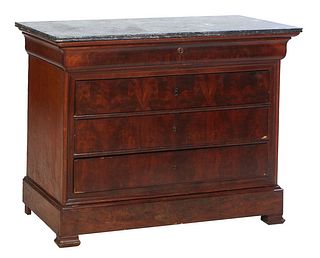 French Louis Philippe Carved Walnut Marble Top Commode, 19th c., the reeded edge rounded corner highly figured grey marble over a cavetto frieze drawe