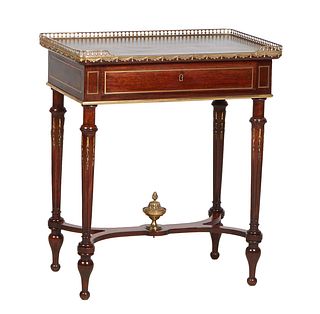 French Louis XVI Style Bronze Inlaid Carved Walnut Silver Table, 20th c., the brass bound galleried top over a divided velvet lined frieze drawer, on 