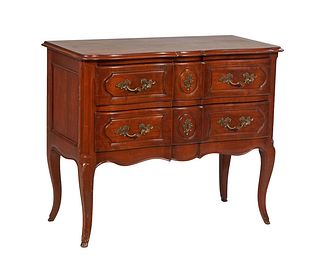 French Louis XV Style Carved Cherry Commode, 20th c., the rounded corner ogee edge top over two deep drawers, on cabriole legs, H.- 34 3/4 in., W.- 41
