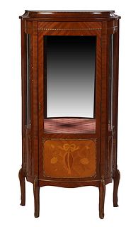 French Louis XV Style Inlaid Ormolu Mounted Carved Cherry Vitrine, c. 1900, the ogee plateau top over a door with a curved glass upper panel and a mar