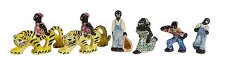 Group of Six Shearwater Pottery Black Figures, 20th c., consisting of two "women on tigers," "cotton picker with sack in front," "Man dancer," "old ma