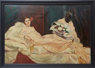 After Edouard Manet (French, 1832-1883), "Olympia," 20th c., oil on board, signed indistinctly lower left, with "after Manet" written lower left, pres