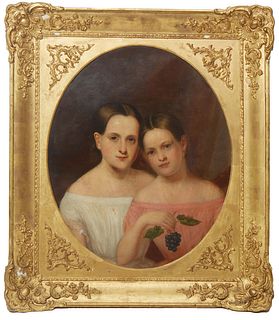 American School, "Portrait of Two Young Girls," oil on canvas, presented in an ornate gilt frame, H.- 27 1/2 in., W.- 22 1/2 in., Framed H.- 37 1/2 in