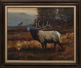 D. Whitehead, "Elk Baying," 20th c., oil on masonite, signed lower left, presented in a wood frame, H.- 27 1/2 in., W.- 35 3/4 in., Framed- H.- 36 in.