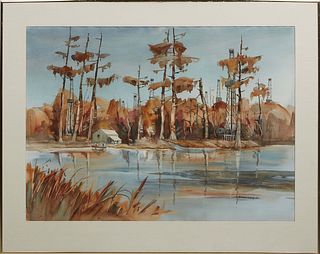 Byron Levy (Louisiana), "Derriks in the Swamp," 1982, watercolor on paper, signed lower right and dated '82, presented in a brass frame, H.- 26 in., W