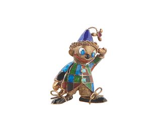 14K Yellow Gold Enamel Clown Brooch, mounted with tiny turquoise stones and a tiny garnet in his hat, H- 2 in., W.- 1 1/2in., D.- 1/2 in. .99 Troy Oz.