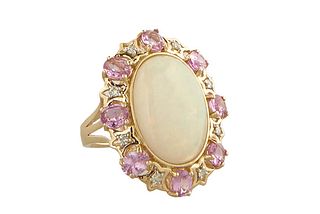 Lady's 14K Yellow Gold Dinner Ring, with a cabochon 6.55 carat opal within a border of eight oval pink sapphires flanking pear shaped diamonds, total 