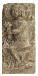 Carved Stone Grave Marker, 19th c., of a sleeping child holding a cross, H.- 4 in., W.- 15 1/4 in., D.- 7 1/4 in. Provenance: from the Estate of Dr. P