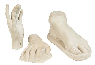 Three Pieces of White Resin Statuary, in the antique style, consisting of a left foot, on a plinth base; a right hand on a plinth base; and a left han