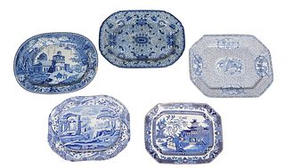 Group of Five Blue and White Platters, 19th and 20th c., one octagonal by Spode; one Burleigh Ware in the "Willow" pattern; one Victorian after Willia