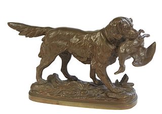 After Paul Edouard Delabrierre (1829-1912, French), "Retriever with a Duck," 20th c., patinated bronze, inscribed signature on the side of the integra