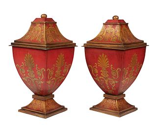 Pair of Regency Style Tole Covered Urns, 20th c., of tapering form, with gilt decoration on a red ground, on integral square wood bases, H.- 19 in., W