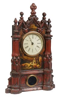 Unusual American Polychromed Cast Iron Gothic Revival Mantel Clock, mid 19th c., possibly by the Bristol Glass and Clock Company, the Gothic arch top 