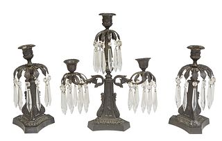 American Three Piece Patinated Bronze Girandole Set 19th c, consisting of a three light button and spear prism hung candelabra and a matching pair of 