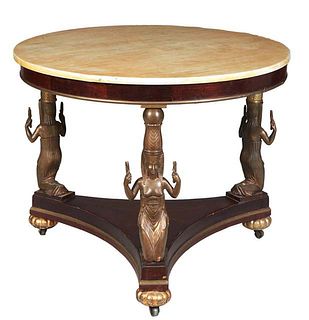 Russian Ormolu Mounted Egyptian Revival Marble Top Mahogany Center Table, early 20th c., the ocher white circular marble top over a wide skirt, on orm
