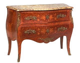 French Louis XV Style Ormolu Mounted Marble Top Bombe Commode, early 20th c., the stepped bow front rounded edge and corner ocher Breche d'Alpes, marb