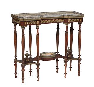 Diminutive French Louis XVI Style Ormolu Mounted Marble Top Console Table, the brass galleried breakfront top with a highly figured tan and black marb