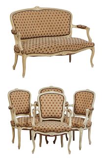French Polychromed Beech Louis XV Style Five Piece Parlor Suite, 20th c., consisting of a settee and four fauteuils, the arched canted floral carved u