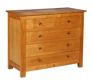 French Louis Philippe Style Carved Oak Commode, early 20th c., the rectangular top over two deep frieze drawers and three deep drawers, on block feet,