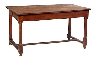 Diminutive French Provincial Carved Walnut Farmhouse Table, 19th c., the rectangular top over a wide skirt with one long frieze drawer, on turned tape